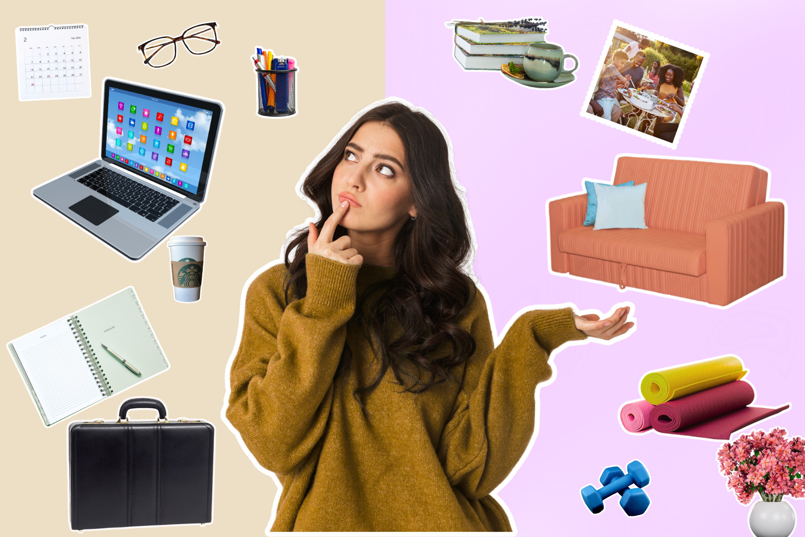 With work items like a laptop and calendar on one side, and personal items like a couch and yoga mats on the other, a young woman is contemplating, showing work-life balance challenges.
