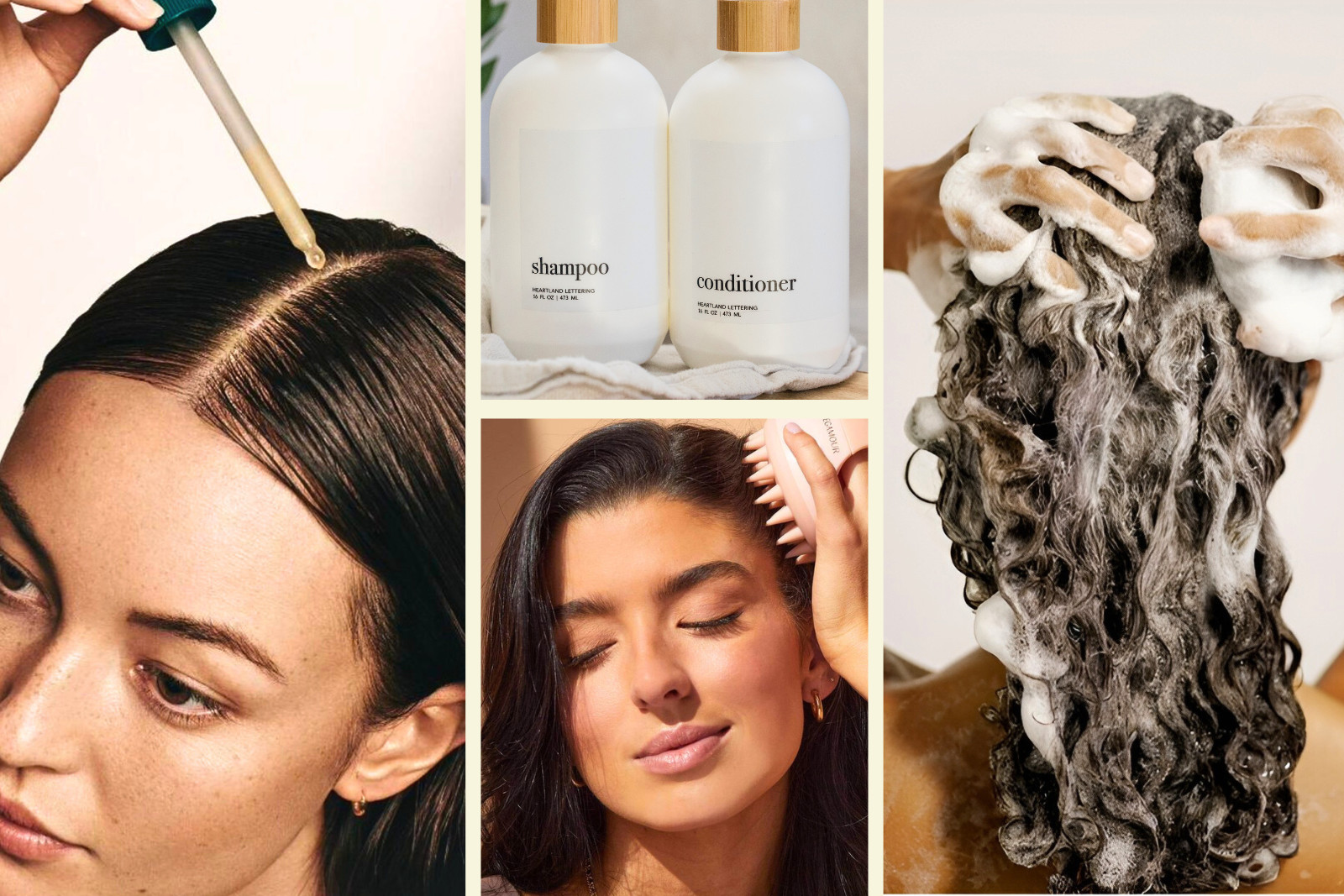 Knowing and Caring Effectively for Your scalp. A lady applying scalp serum on the image on the left hand side, hair care products and a lady applying it in the middle image, and then a lady washing her hair on the right hand side image.