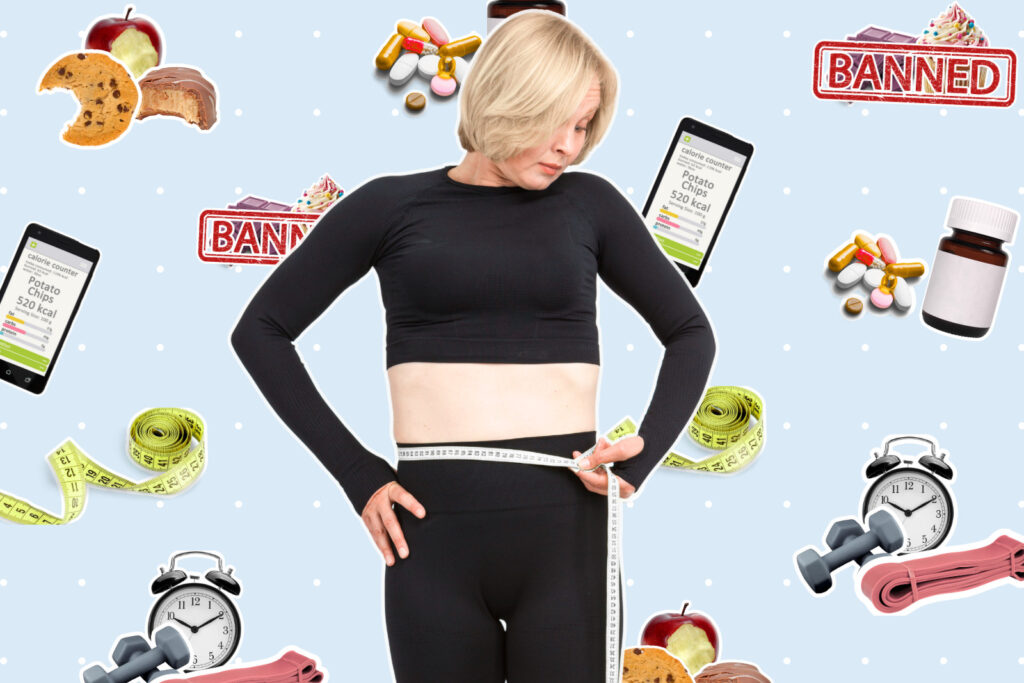 Woman measuring waist, surrounded by calorie counters, diet pills, and 'banned' stamps on various foods and practices.