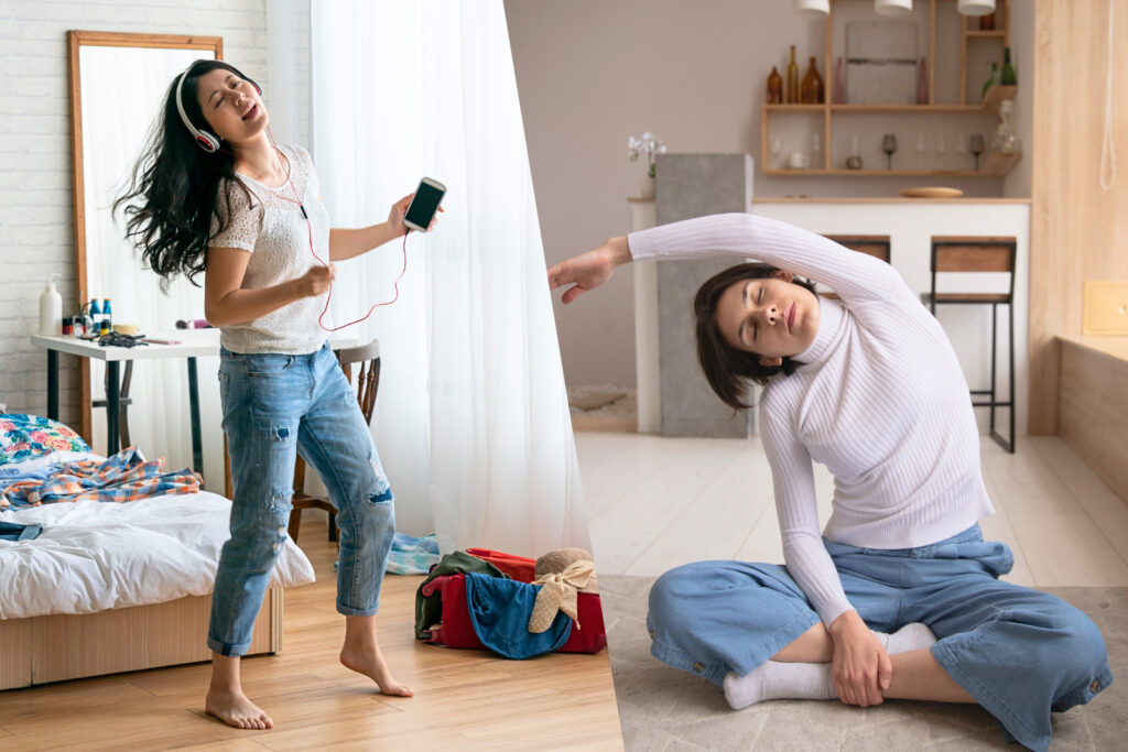 A woman is dancing energetically to music, while another performs a seated side stretch, demonstrating simple ways to move your body at home without equipment.