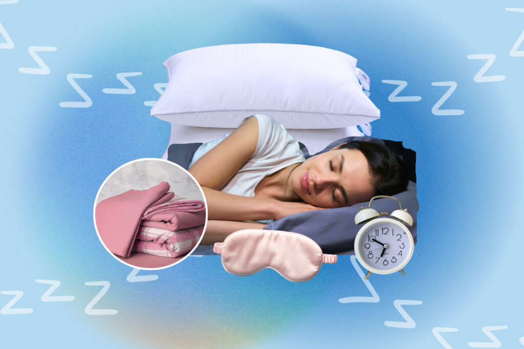 A woman sleeping peacefully on white pillows, alongside a stack of cozy pink bedding, silk sleep mask, and classic alarm clock, with decorative 'Z' patterns on a mint green background.
